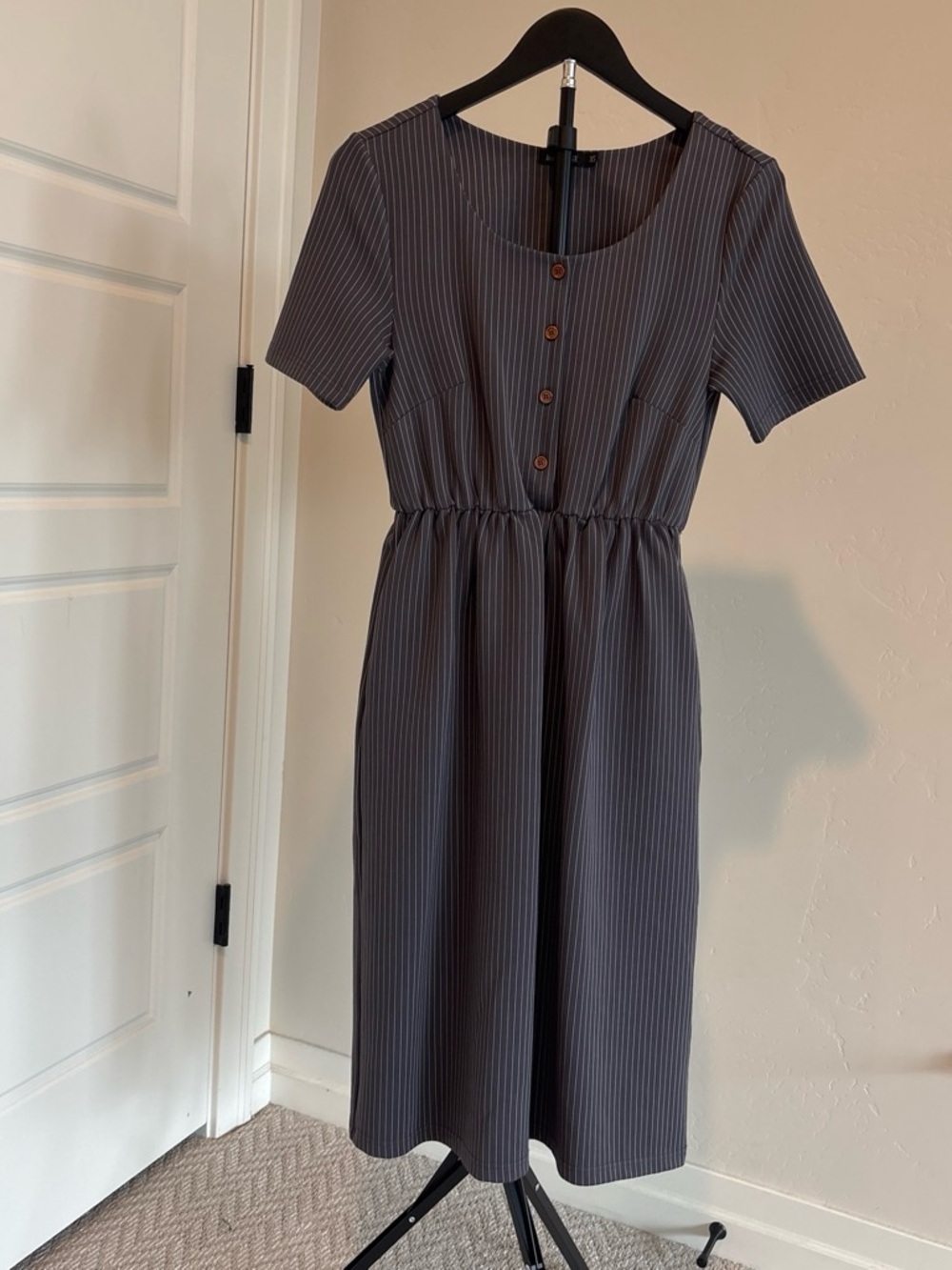 Mikarose Gray Pinstripe Button Midi Dress XS